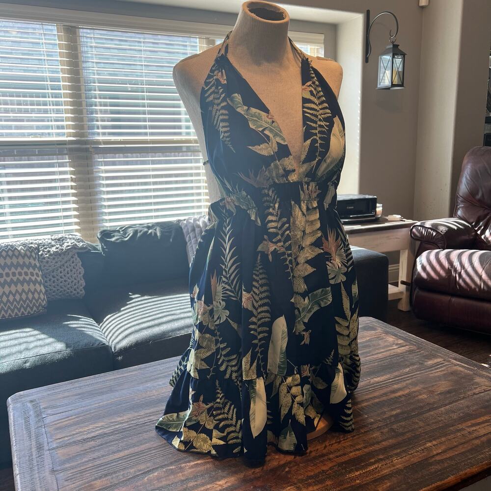 Tropical Halter Dress XL Flowy Summer Vacation Resort Wear Botanical Print